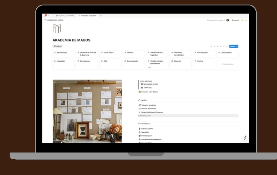 Escritorio de Notion de Akademia de Magos con áreas para gestionar marca, clientes, contenido, finanzas, proyectos y comunicación